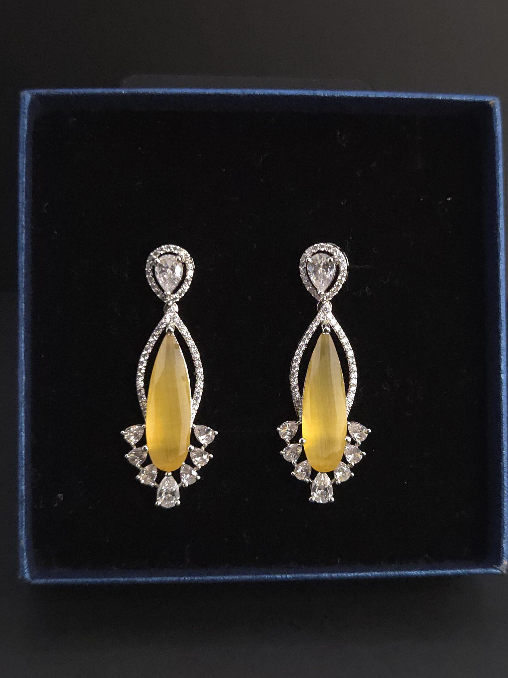 Marquise CZ Drop Statement Earrings, Silver Tone Brass, Bridal Party Wear