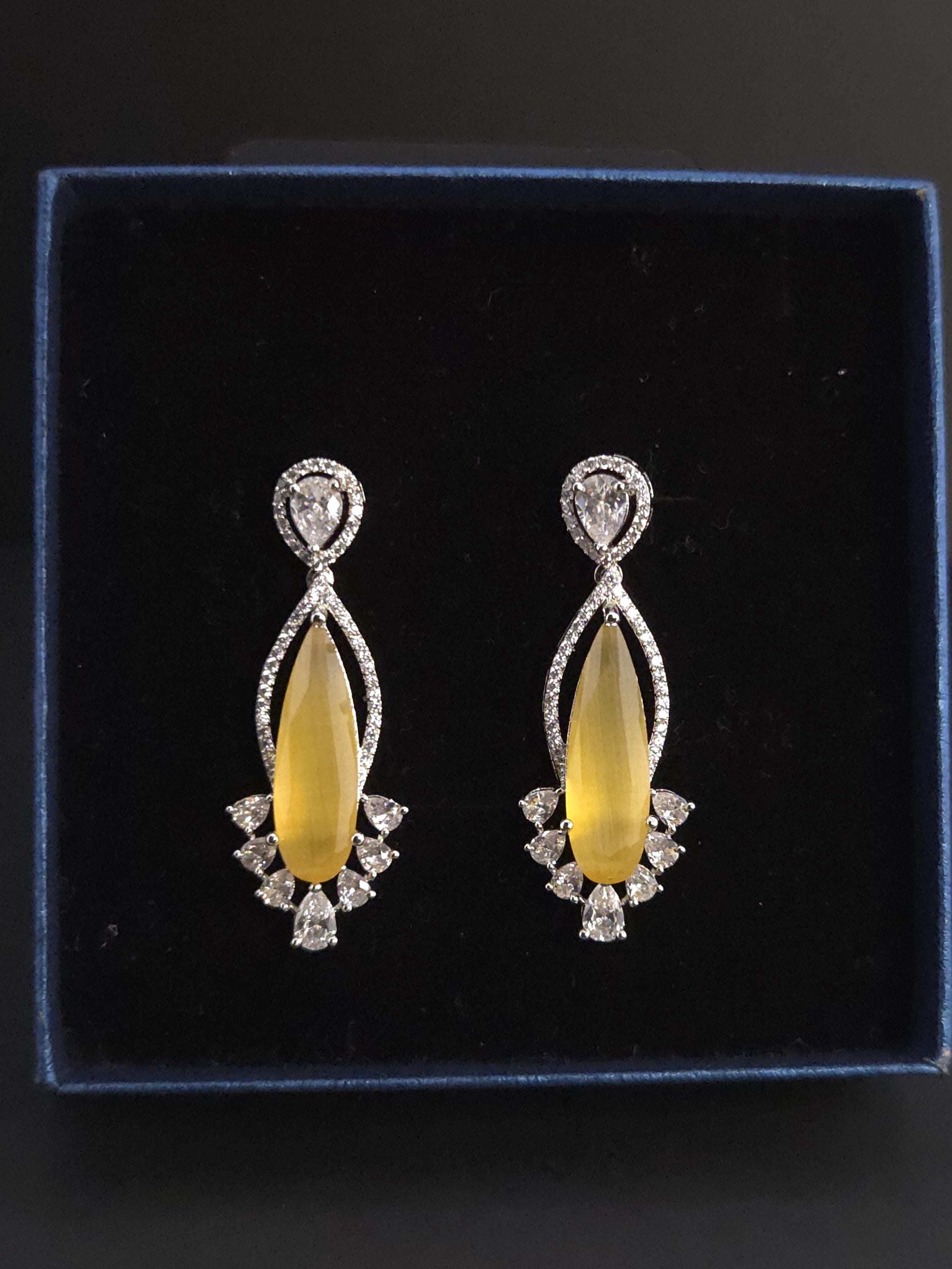 Marquise CZ Drop Statement Earrings, Silver Tone Brass, Bridal Party Wear