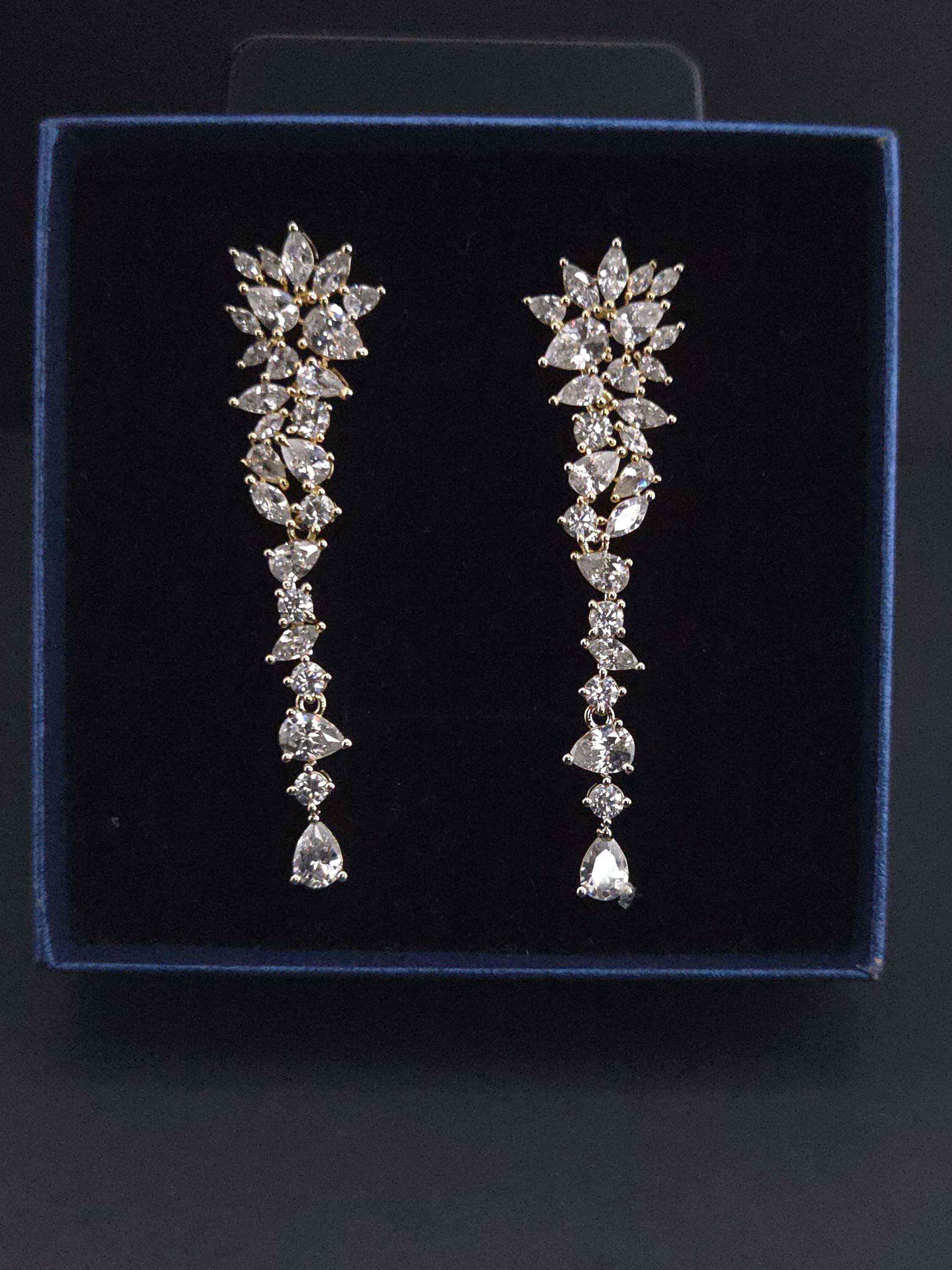 Gold Plated CZ Teardrop Dangle Earrings, Statement Jewelry
