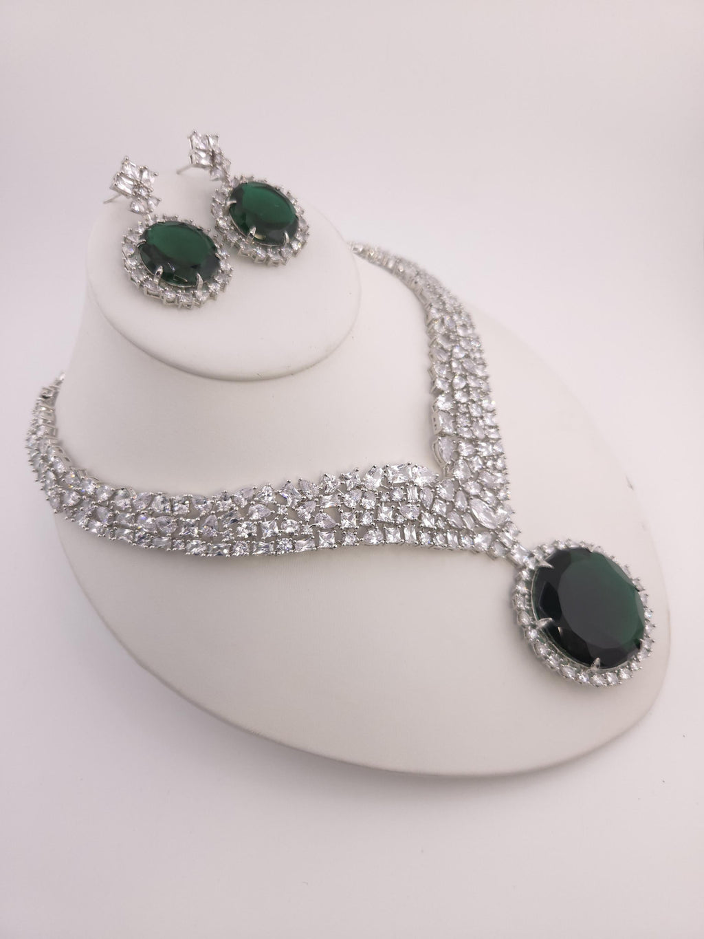 Emerald Green CZ Necklace & Earrings Set – Silver Plated Indian Bridal Jewelry