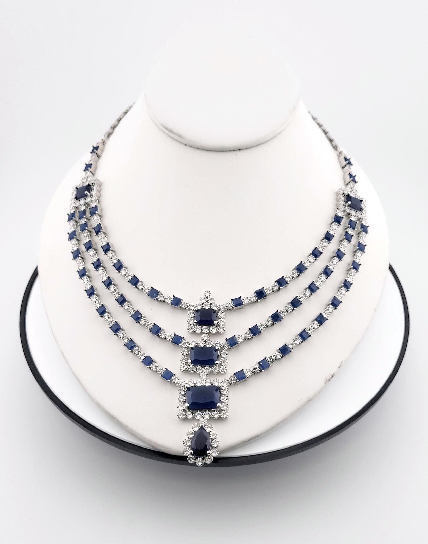 Blue CZ Bridal Jewelry Set | Silver Layered Necklace & Earrings