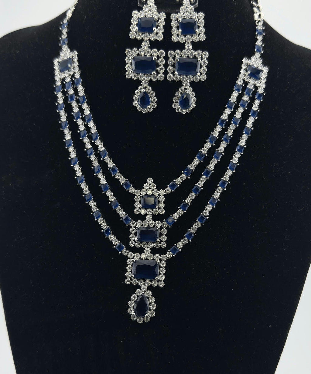 Blue CZ Bridal Jewelry Set | Silver Layered Necklace & Earrings