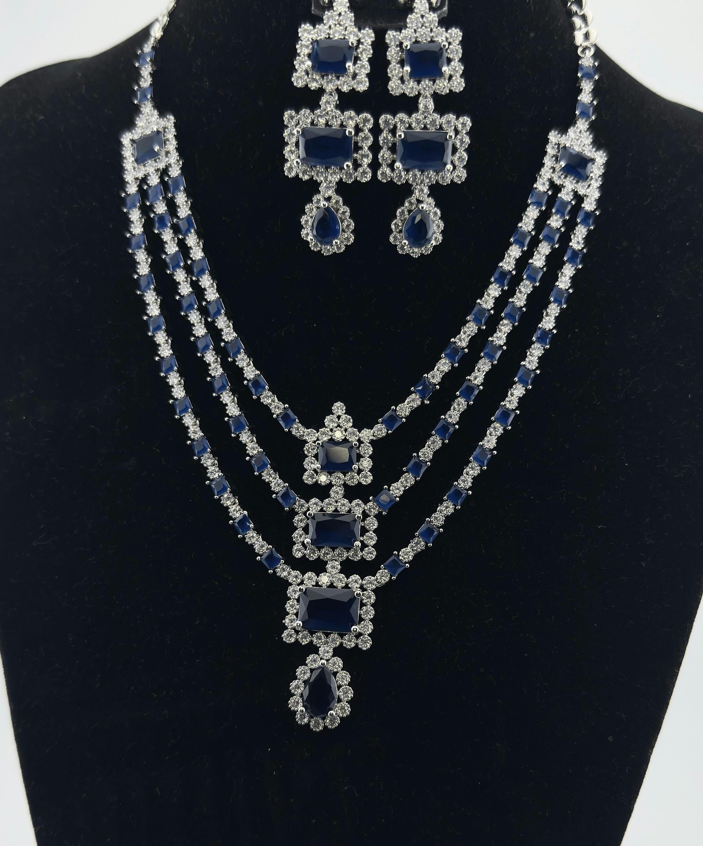 Blue CZ Bridal Jewelry Set | Silver Layered Necklace & Earrings