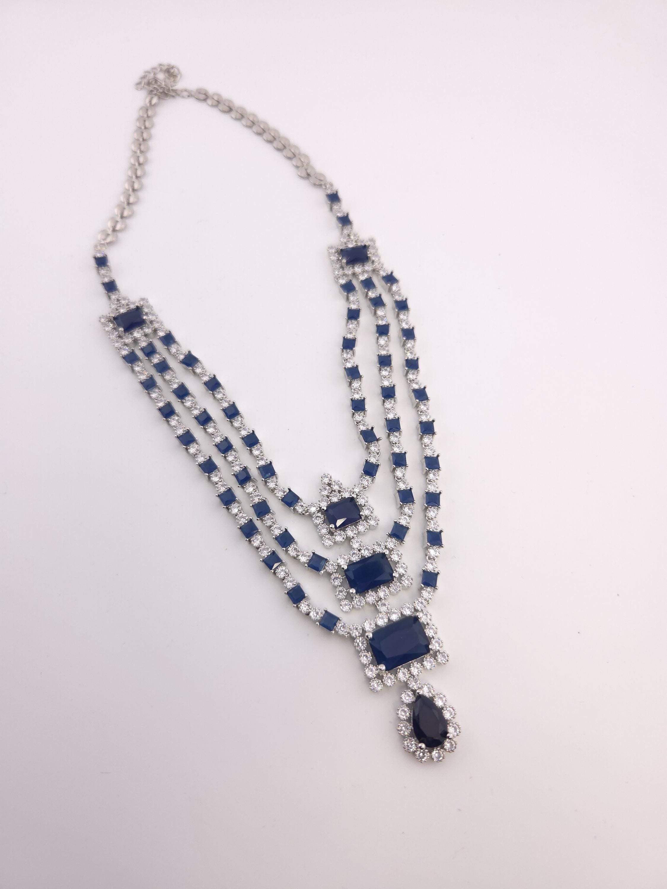Blue CZ Bridal Jewelry Set | Silver Layered Necklace & Earrings