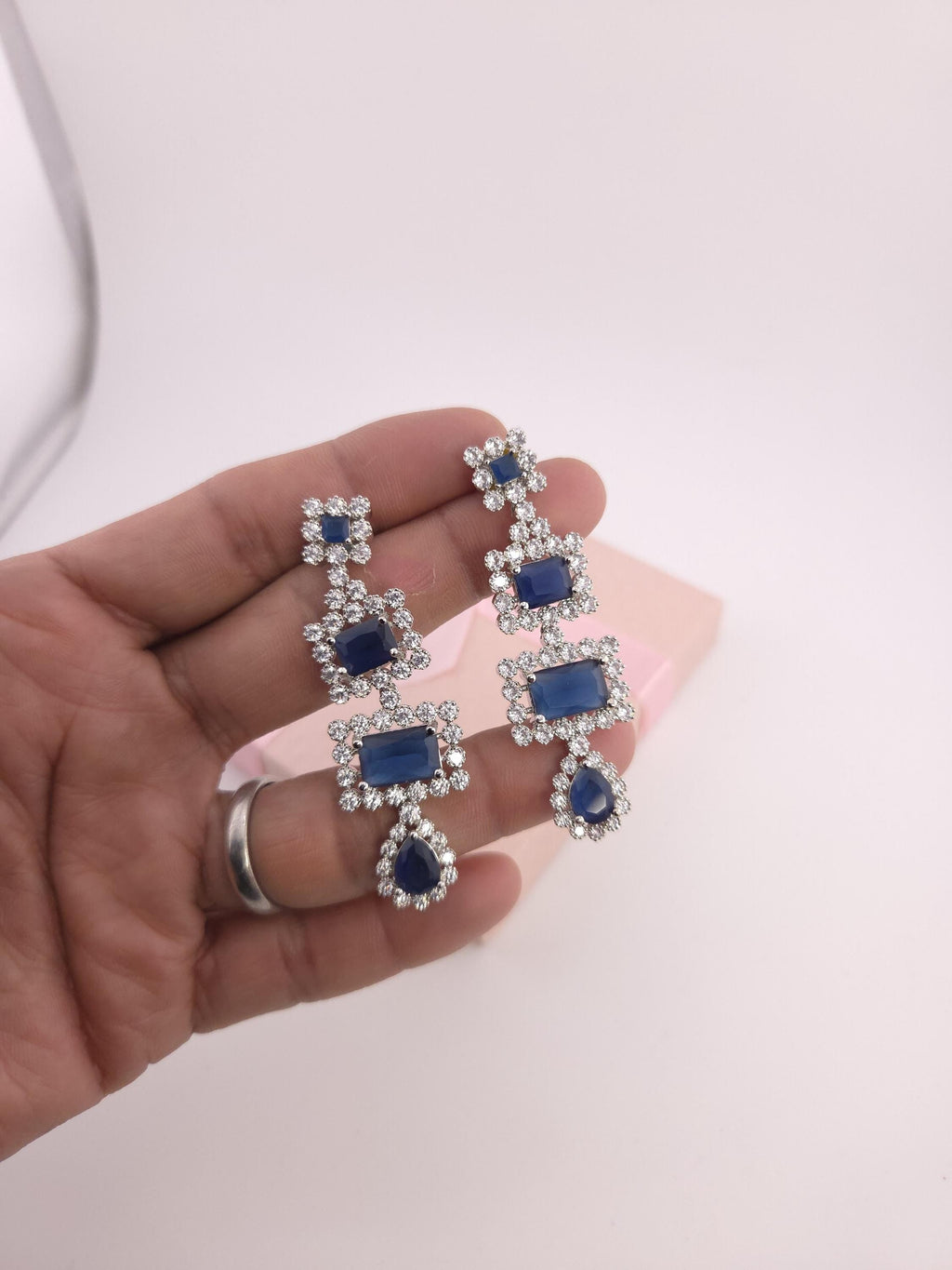Blue CZ Bridal Jewelry Set | Silver Layered Necklace & Earrings