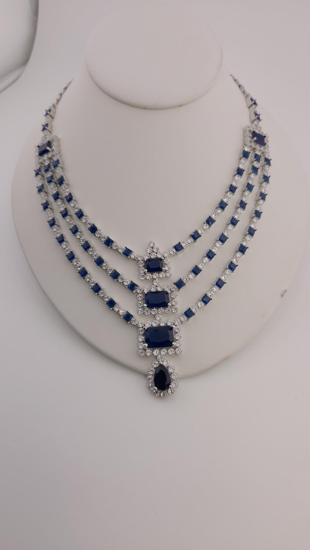 Blue CZ Bridal Jewelry Set | Silver Layered Necklace & Earrings