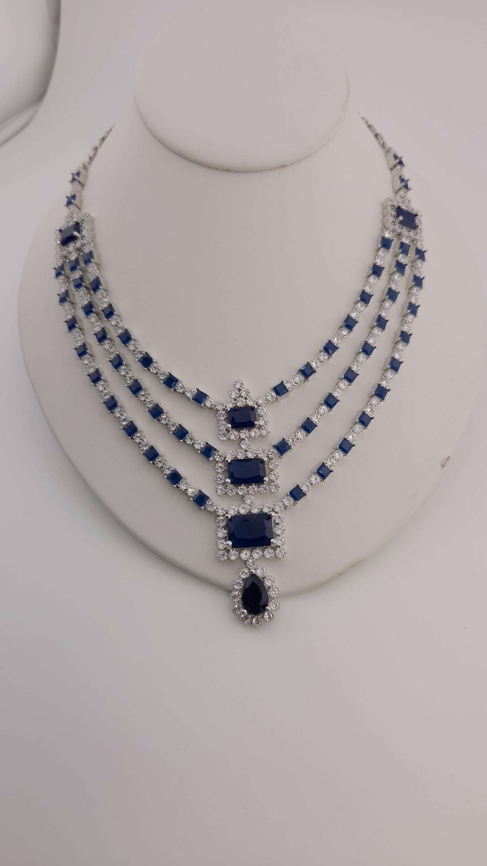 Blue CZ Bridal Jewelry Set | Silver Layered Necklace & Earrings
