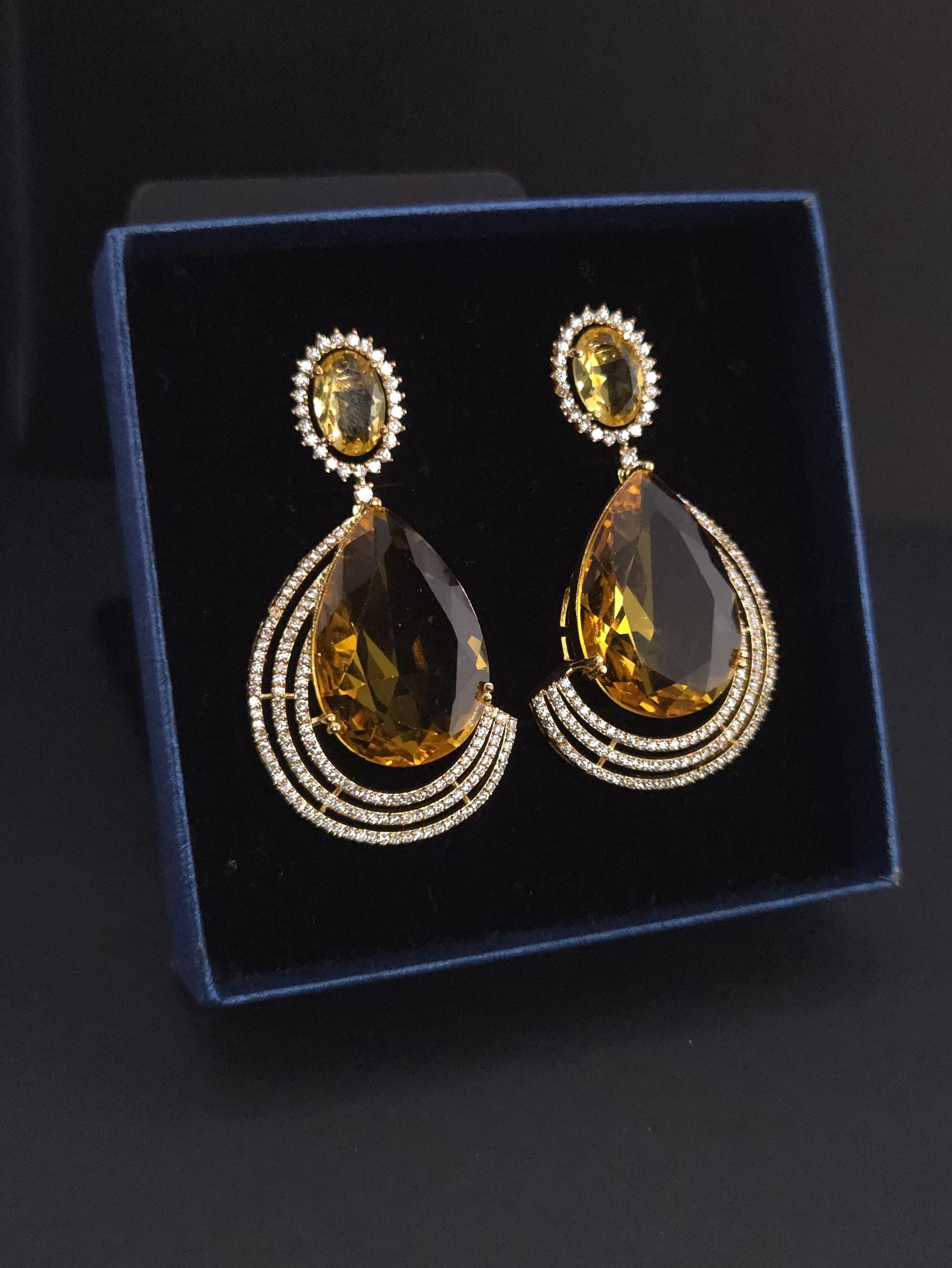 Gold Plated Teardrop CZ Earrings – Blue & Yellow | Bridal Statement Jewelry