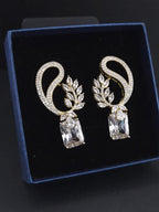 CZ Leaf Statement Drop Earrings – Clear Gold or Blue Silver Plated | Wedding Jewelry