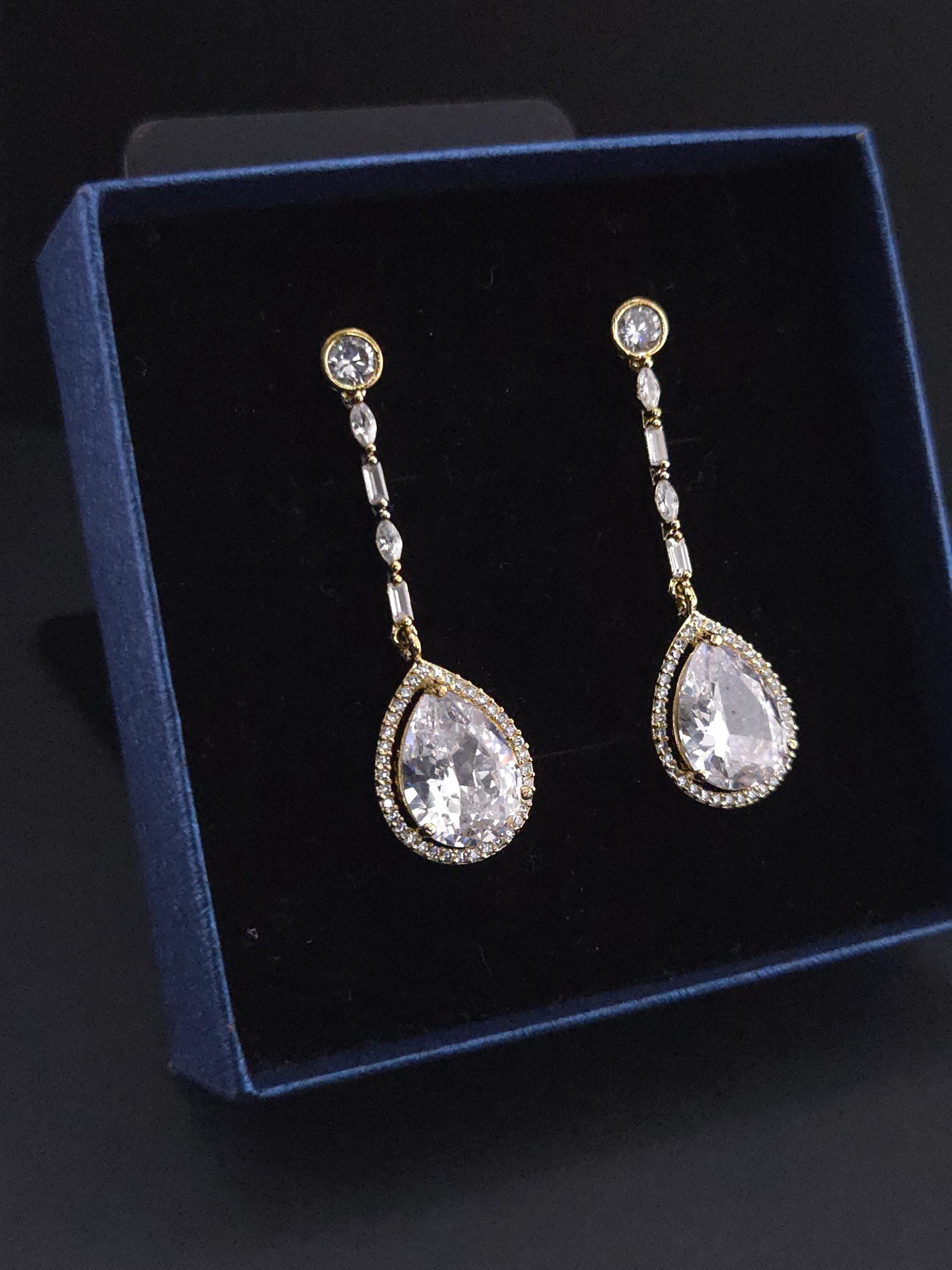 Gold Teardrop CZ Dangle Earrings | Elegant Wedding Jewelry