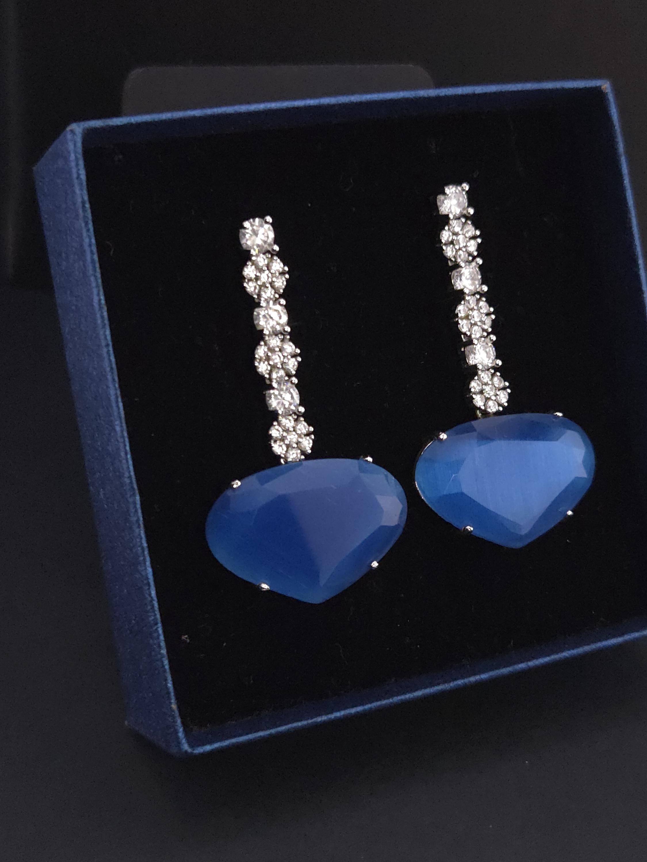 Heart CZ Drop Earrings | Silver Tone Bridal Jewelry
