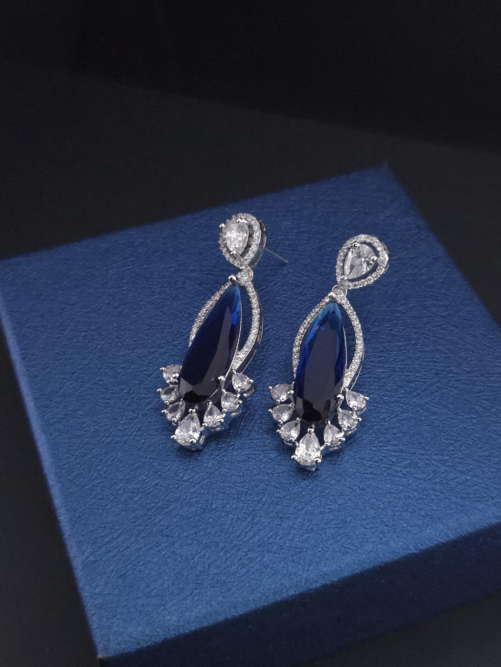 Marquise CZ Drop Statement Earrings, Silver Tone Brass, Bridal Party Wear