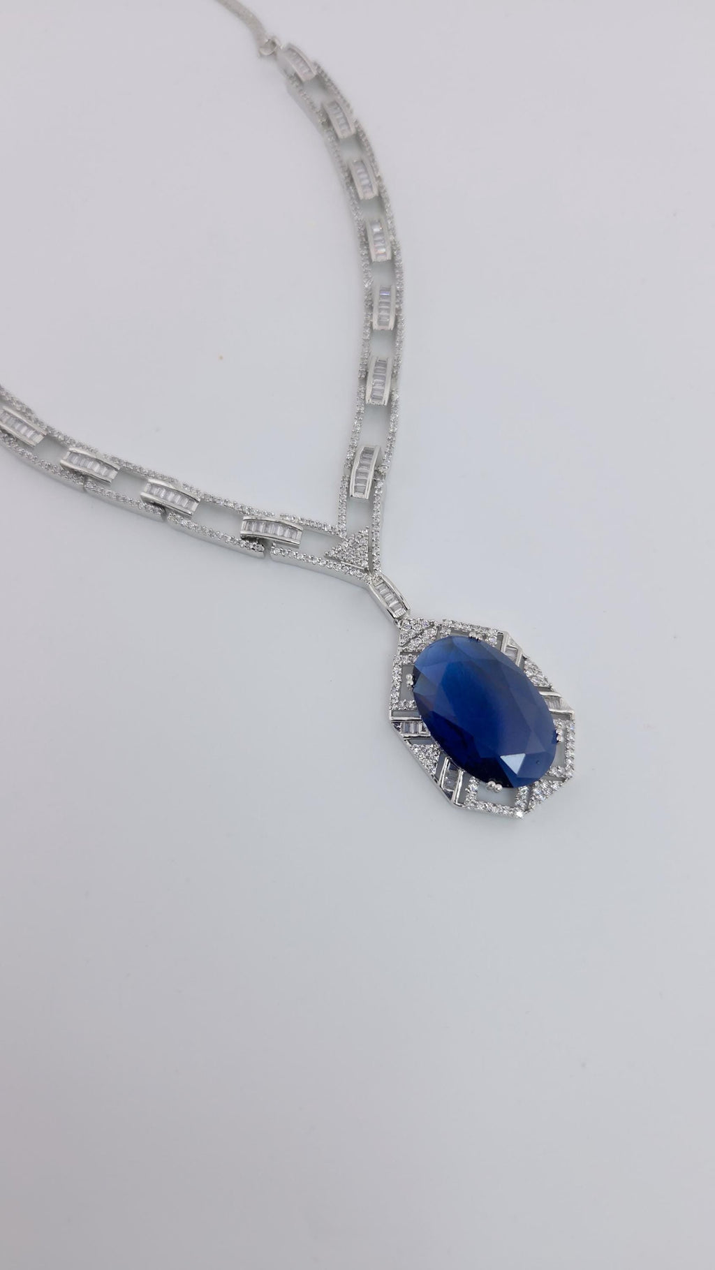 Royal Blue CZ Necklace Earrings Set | Silver Plated Bridal Statement Jewelry