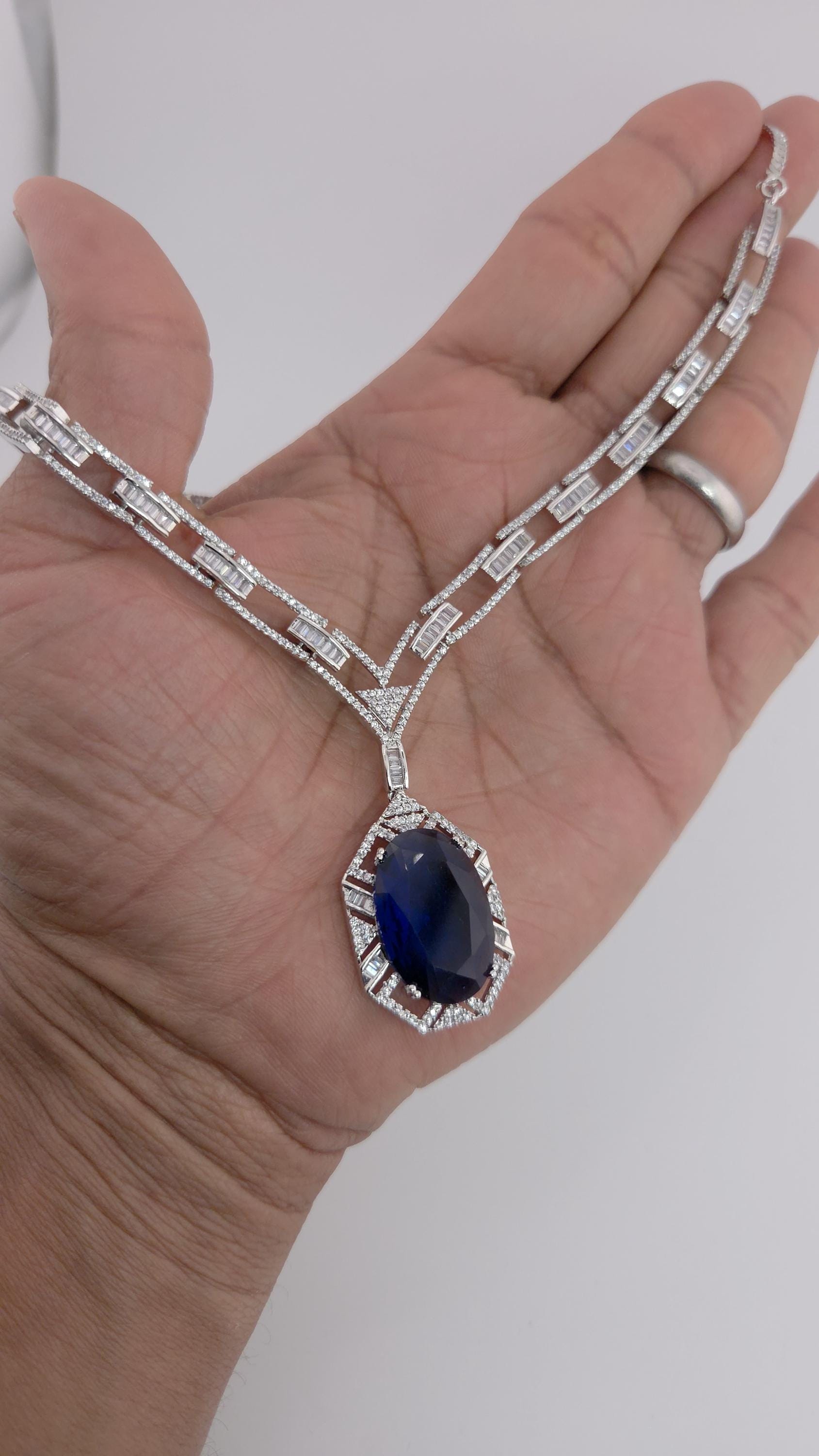 Royal Blue CZ Necklace Earrings Set | Silver Plated Bridal Statement Jewelry