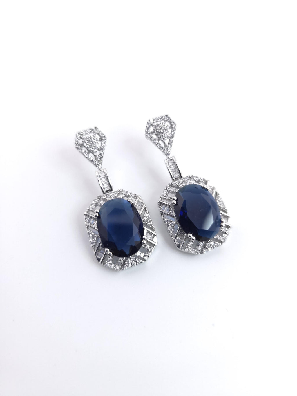 Royal Blue CZ Necklace Earrings Set | Silver Plated Bridal Statement Jewelry