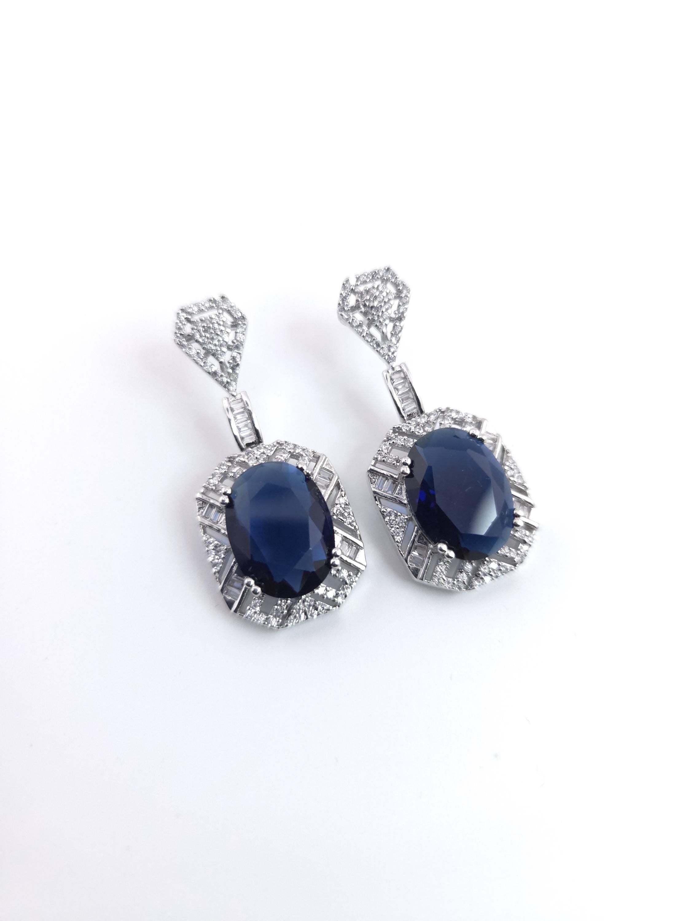 Royal Blue CZ Necklace Earrings Set | Silver Plated Bridal Statement Jewelry
