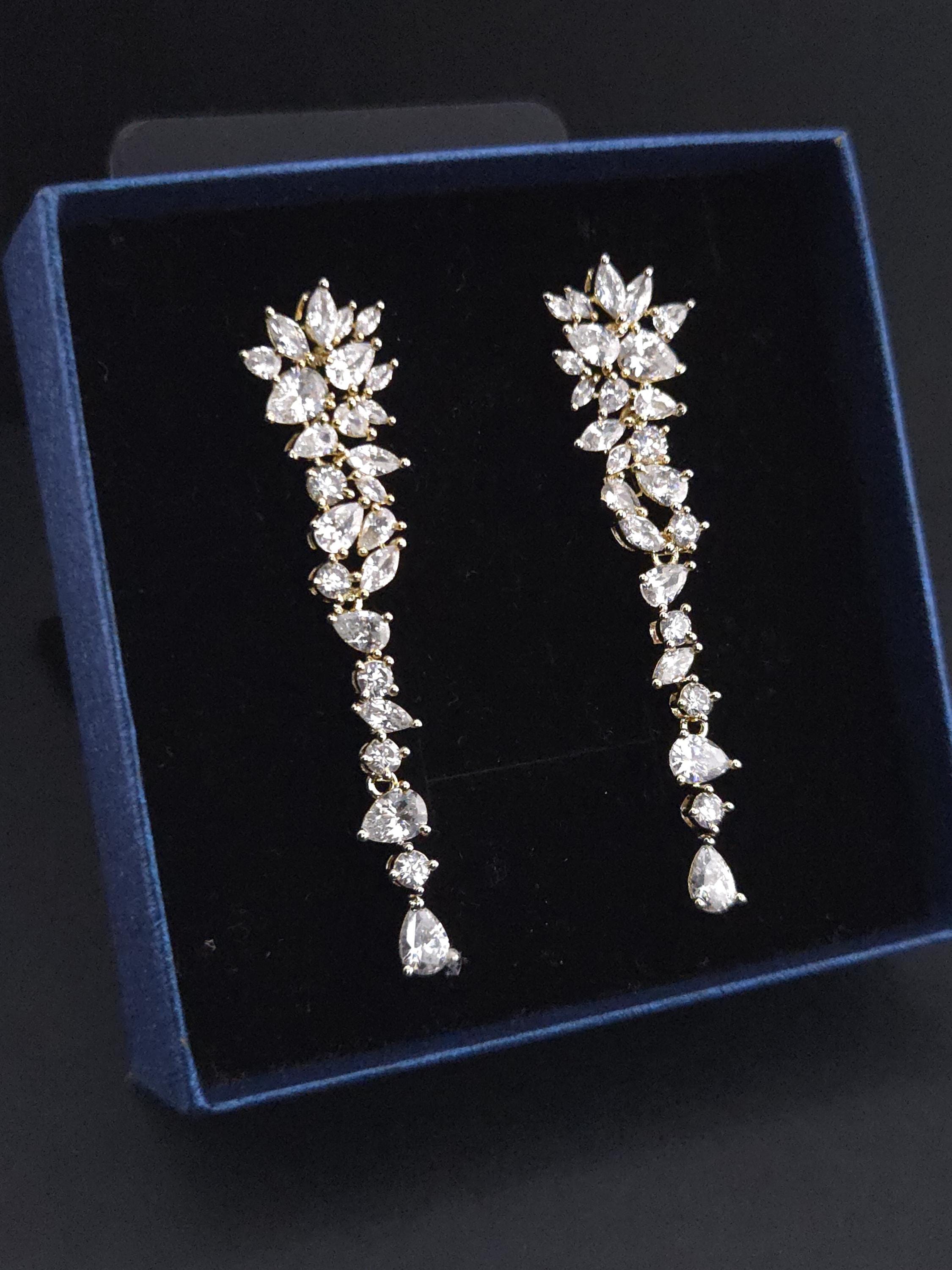 Gold Plated CZ Teardrop Dangle Earrings, Statement Jewelry