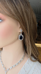 Royal Blue CZ Necklace Earrings Set | Silver Plated Bridal Statement Jewelry