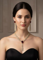 Ruby Red CZ V-Shape Long Pendant Necklace Set – Gold Plated Indian Bridal Jewelry