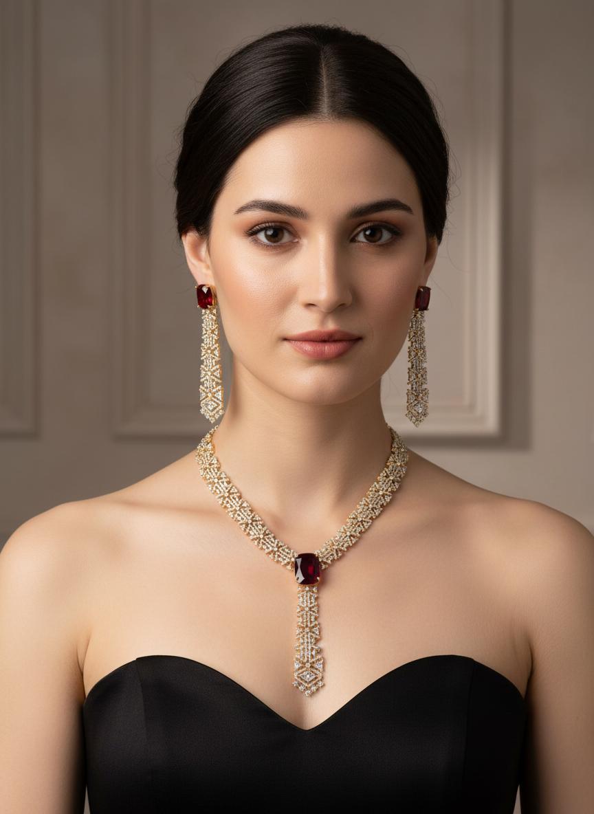 Ruby Red CZ V-Shape Long Pendant Necklace Set – Gold Plated Indian Bridal Jewelry