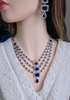 Blue CZ Bridal Jewelry Set | Silver Layered Necklace & Earrings
