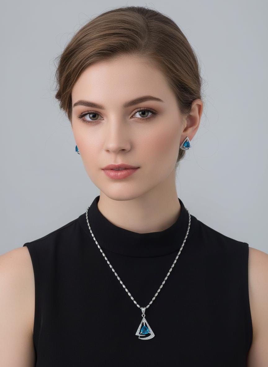 Triangle CZ Pendant Necklace Set | Silver Geometric Jewelry Gift