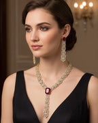 Ruby Red CZ V-Shape Long Pendant Necklace Set – Gold Plated Indian Bridal Jewelry