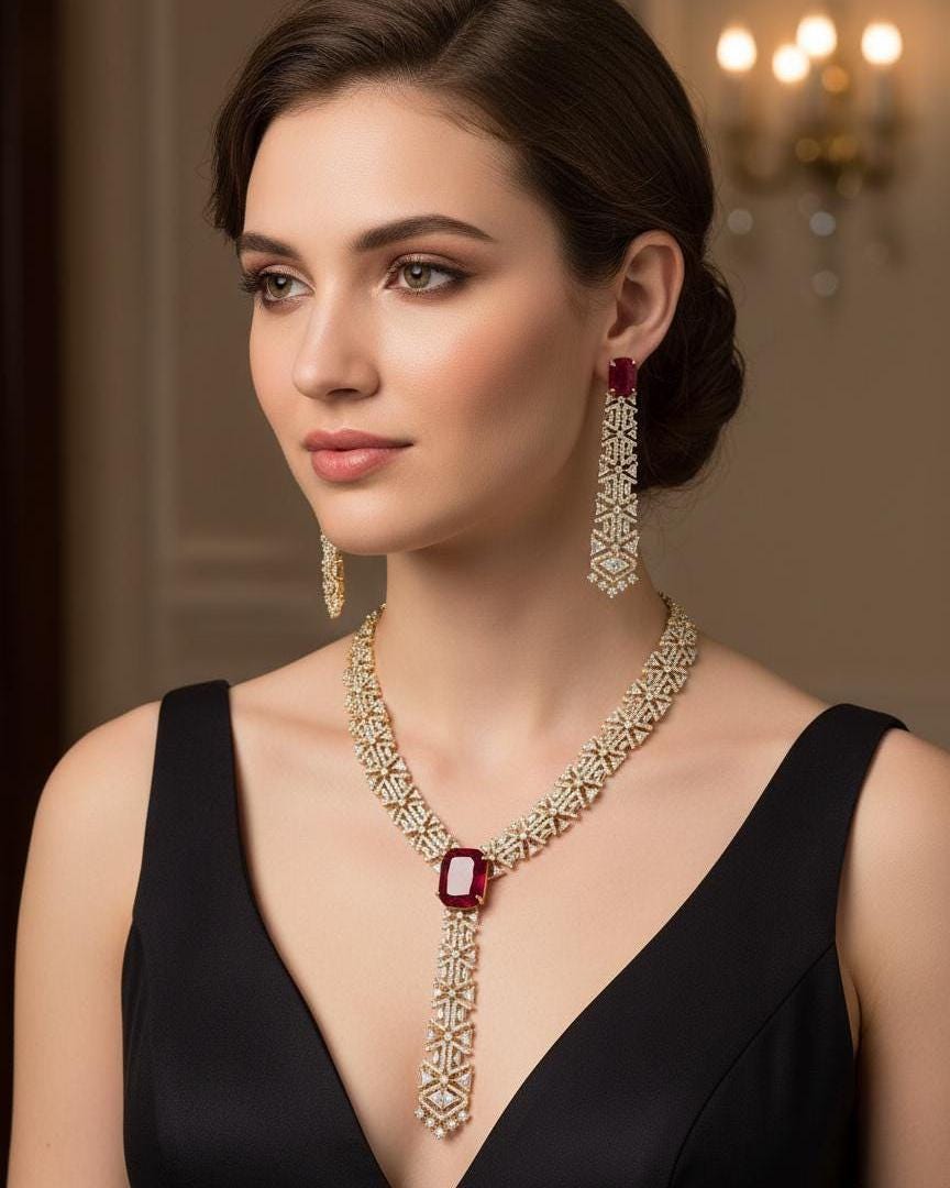 Ruby Red CZ V-Shape Long Pendant Necklace Set – Gold Plated Indian Bridal Jewelry