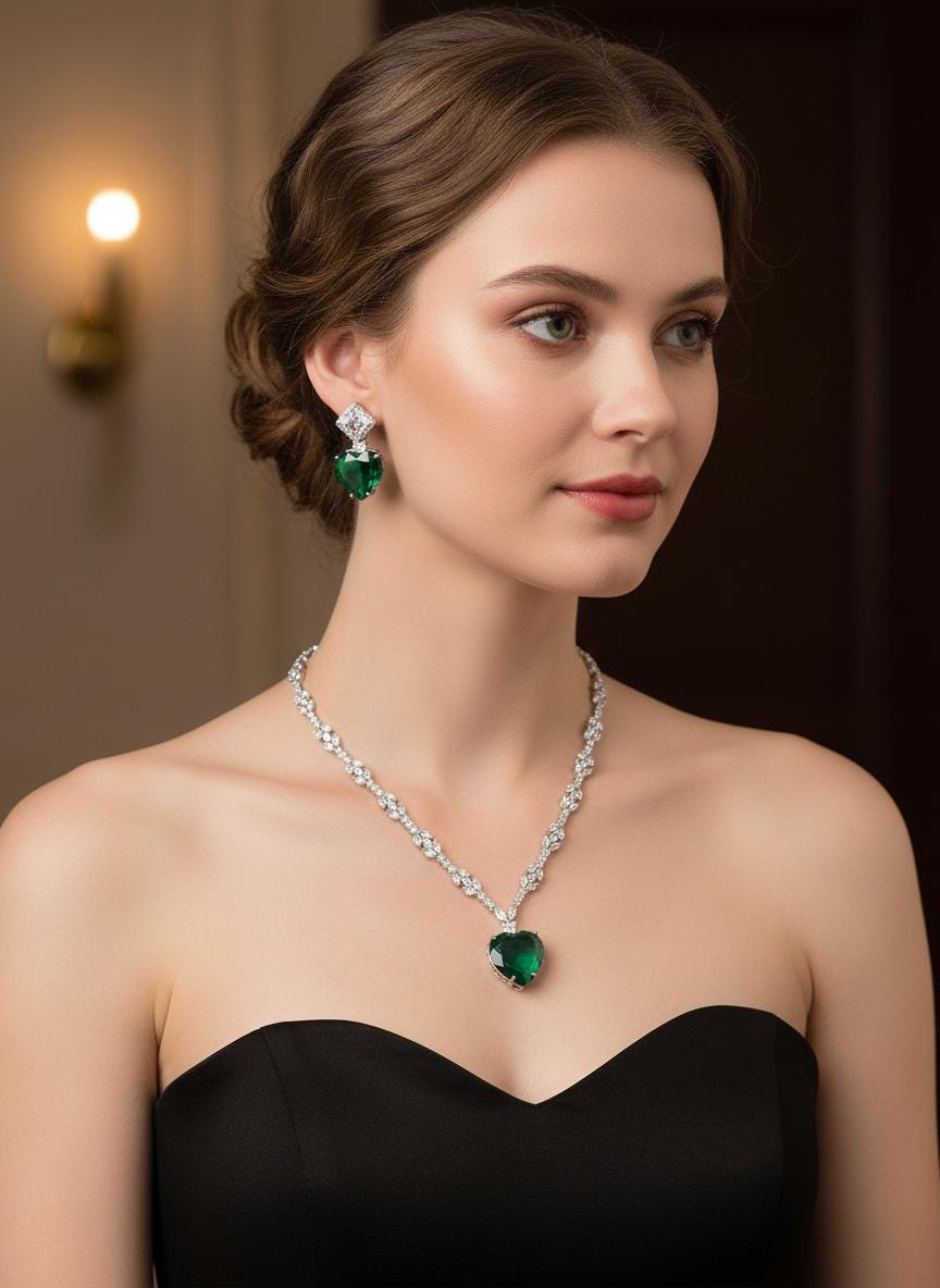 Emerald Green Heart CZ Necklace & Earrings Set – Silver Tone Jewelry