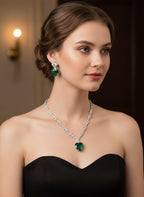Emerald Green Heart CZ Necklace & Earrings Set – Silver Tone Jewelry