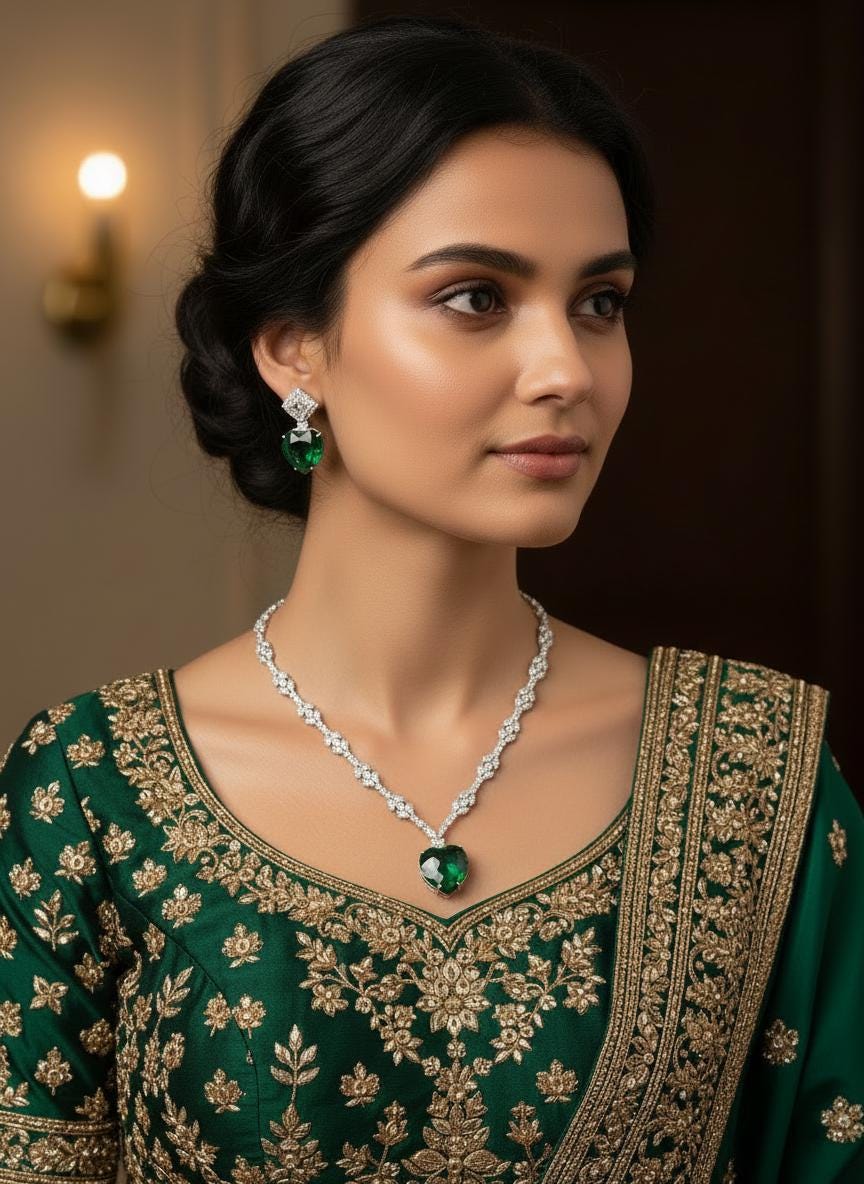 Emerald Green Heart CZ Necklace & Earrings Set – Silver Tone Jewelry