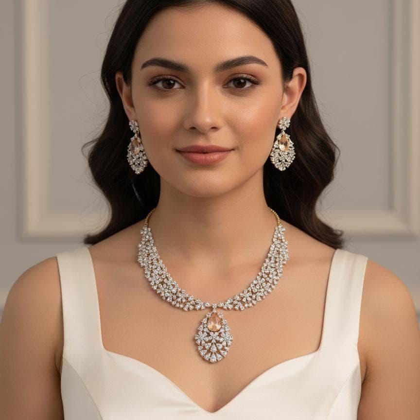 Royal Cluster CZ Teardrop Necklace Set Indian Bridal Jewelry Noor