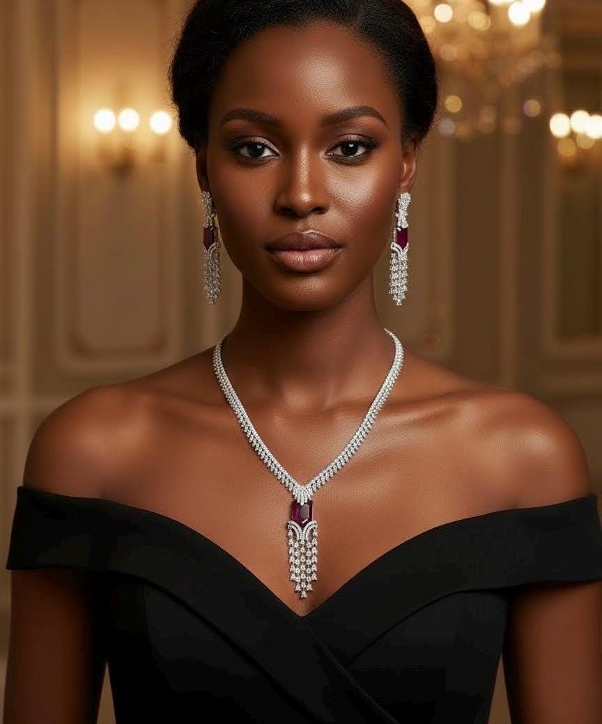 Ruby Red Cubic Zirconia Necklace Earrings Set | Silver Plated Bridal Statement Jewelry