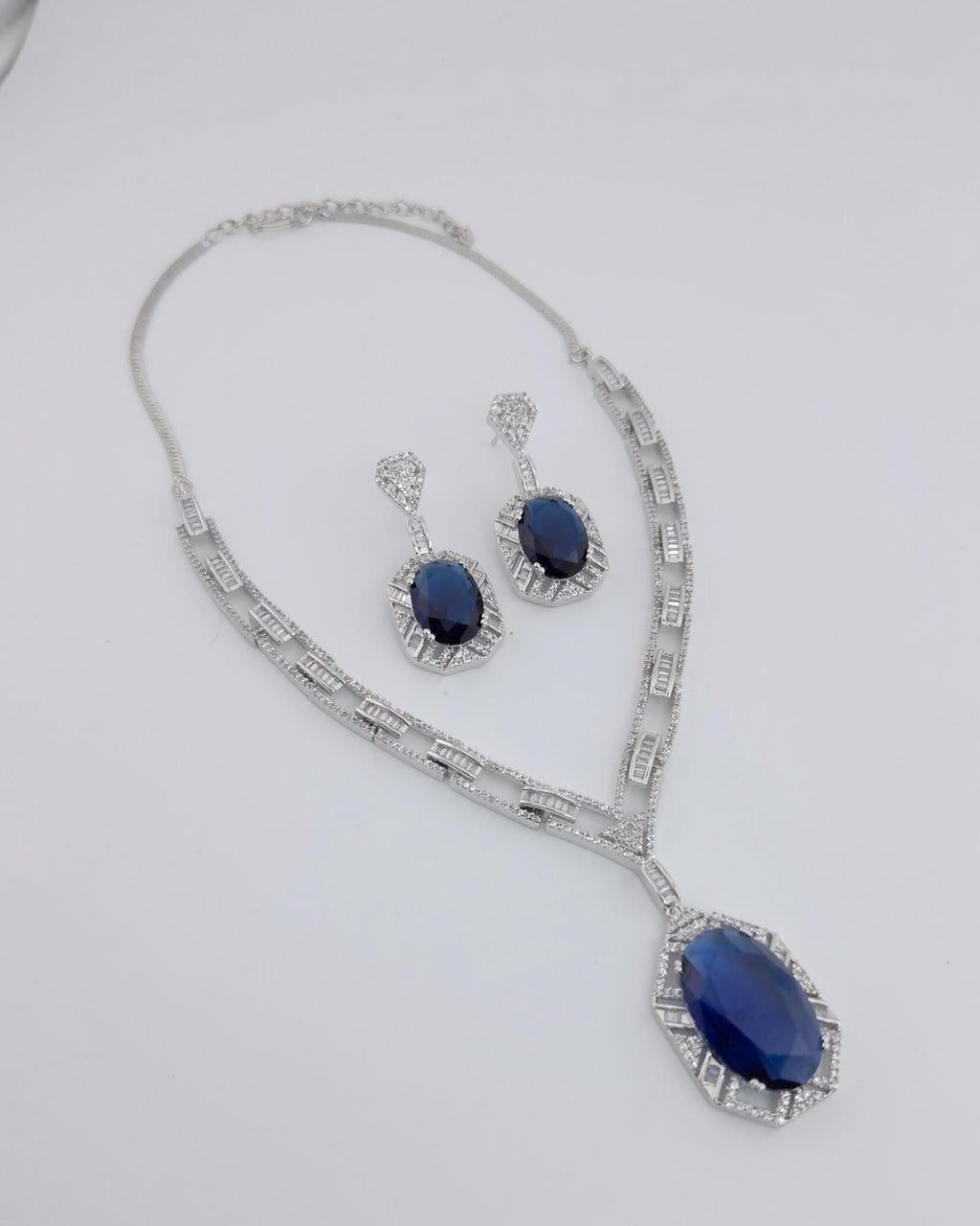 Royal Blue CZ Necklace Earrings Set | Silver Plated Bridal Statement Jewelry