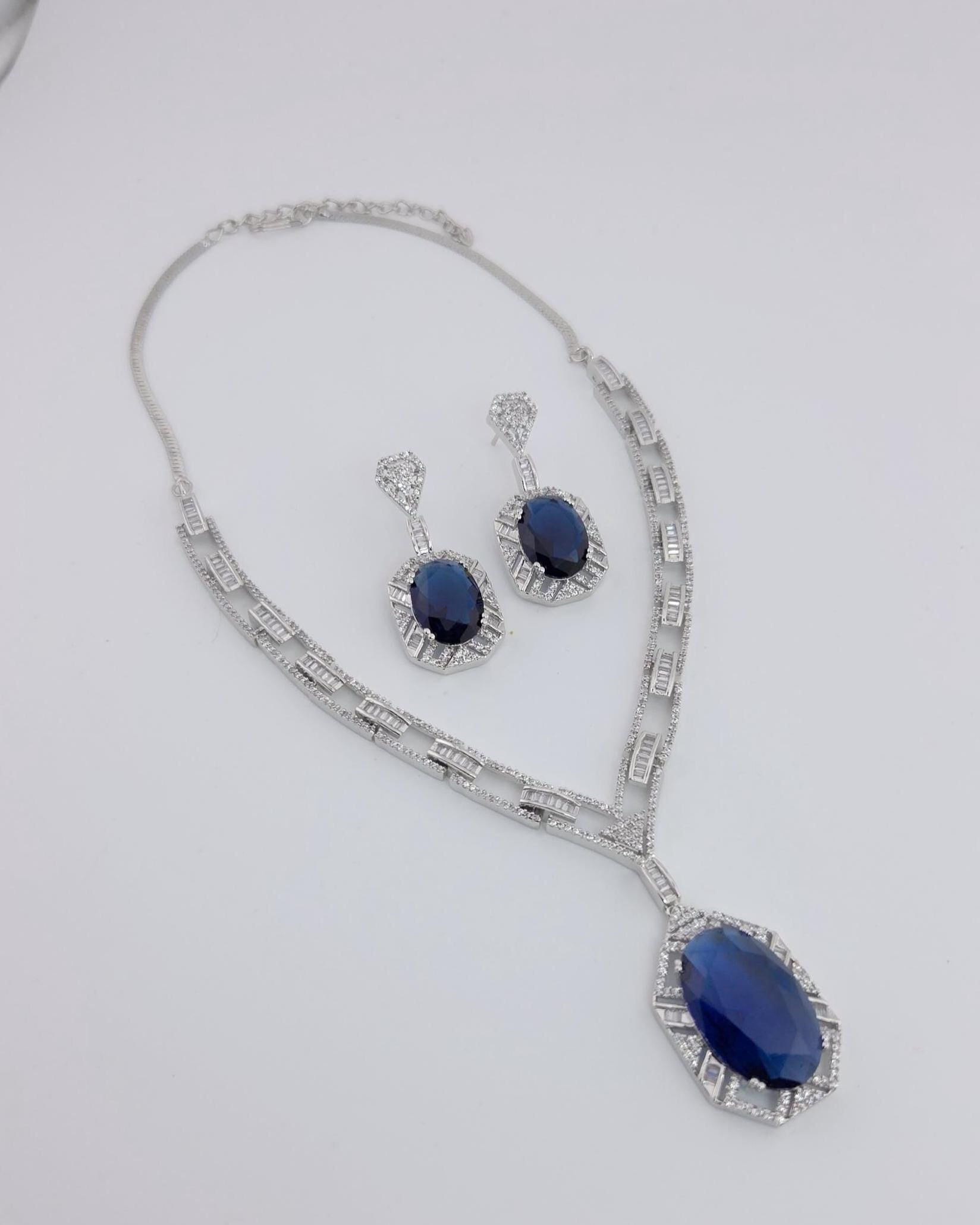 Royal Blue CZ Necklace Earrings Set | Silver Plated Bridal Statement Jewelry