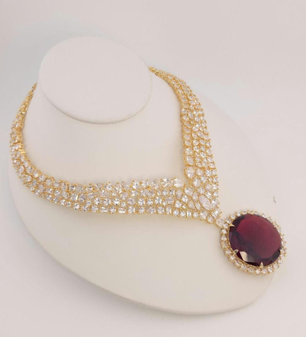 Ruby Red Stone CZ Choker Necklace Set – Gold Plated Indian Bridal Jewelry