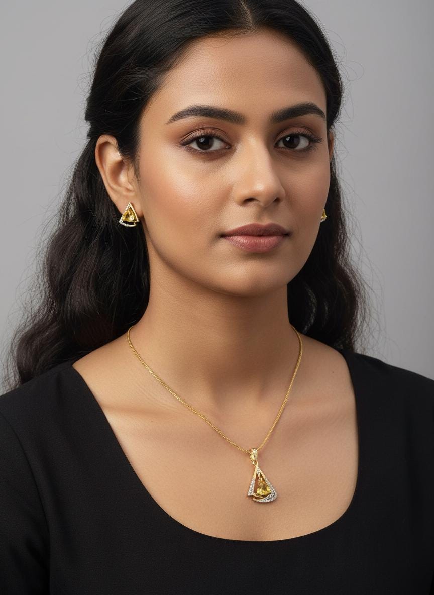 Triangle CZ Pendant & Earrings Set – Clear, Red, Yellow or Blue, Gold Tone