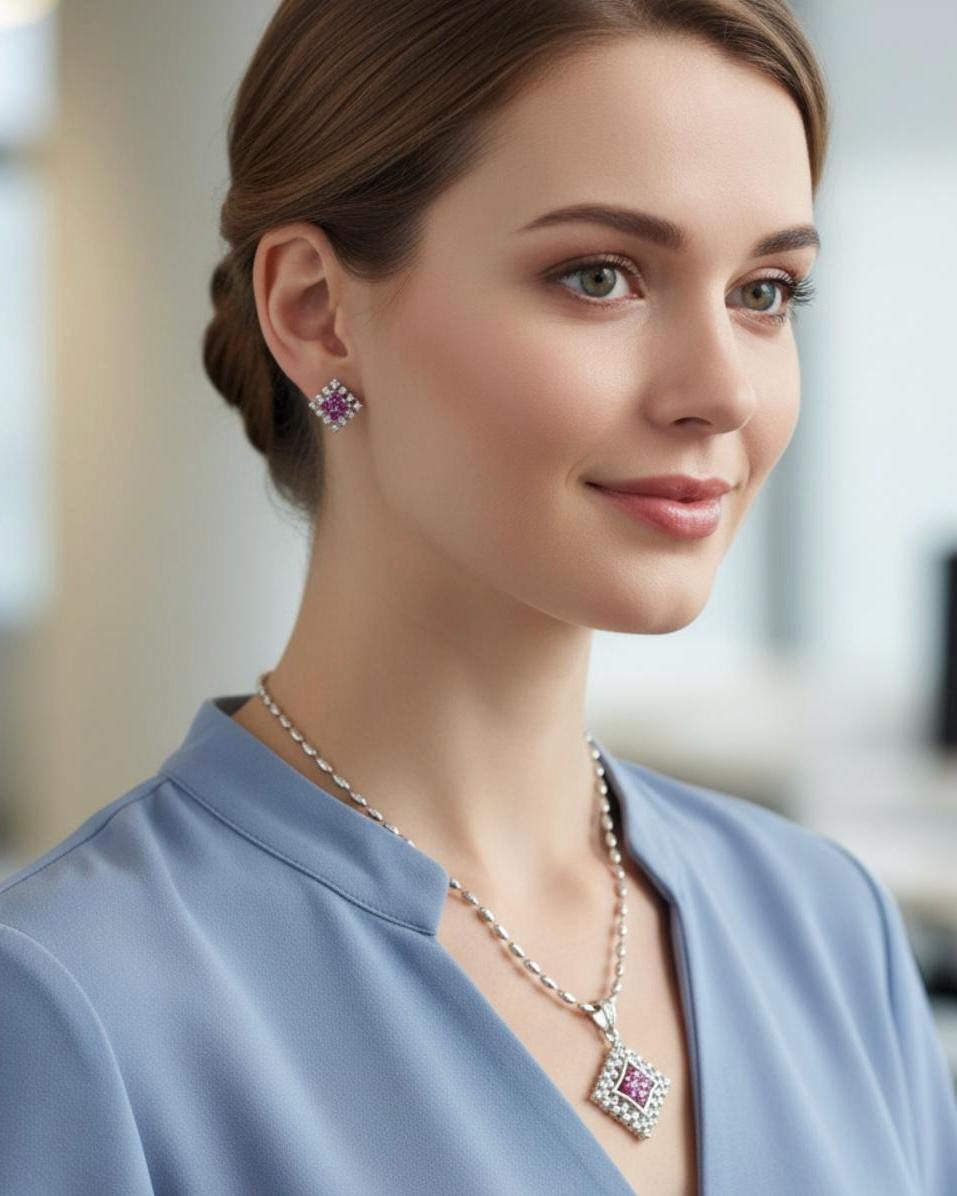 Diamond Shape CZ Pendant & Earrings Set – Red, Blue or Purple, Silver Tone