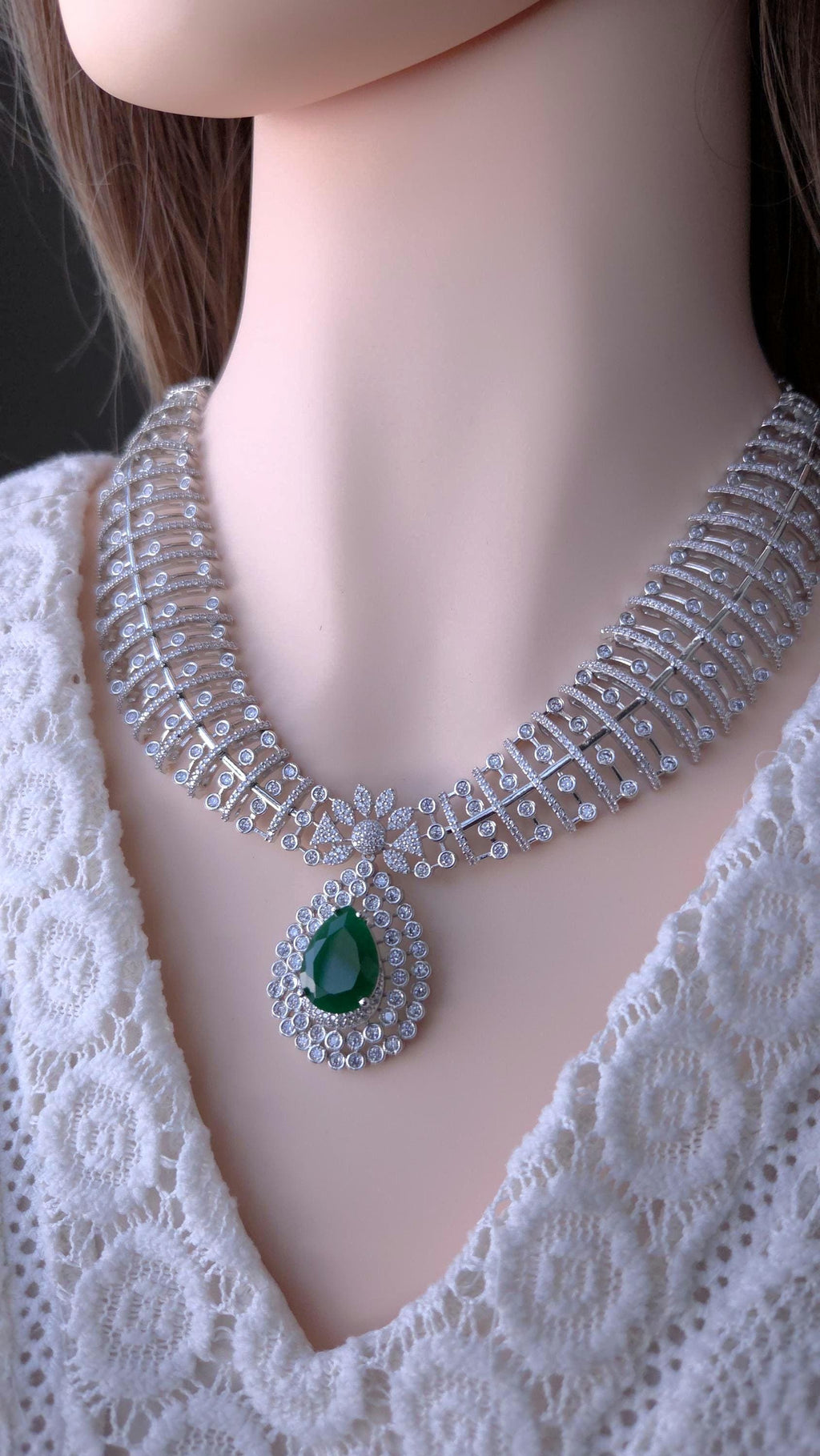 Green CZ Indian Bridal Necklace & Earrings Set – Silver Tone Statement Wedding Jewelry
