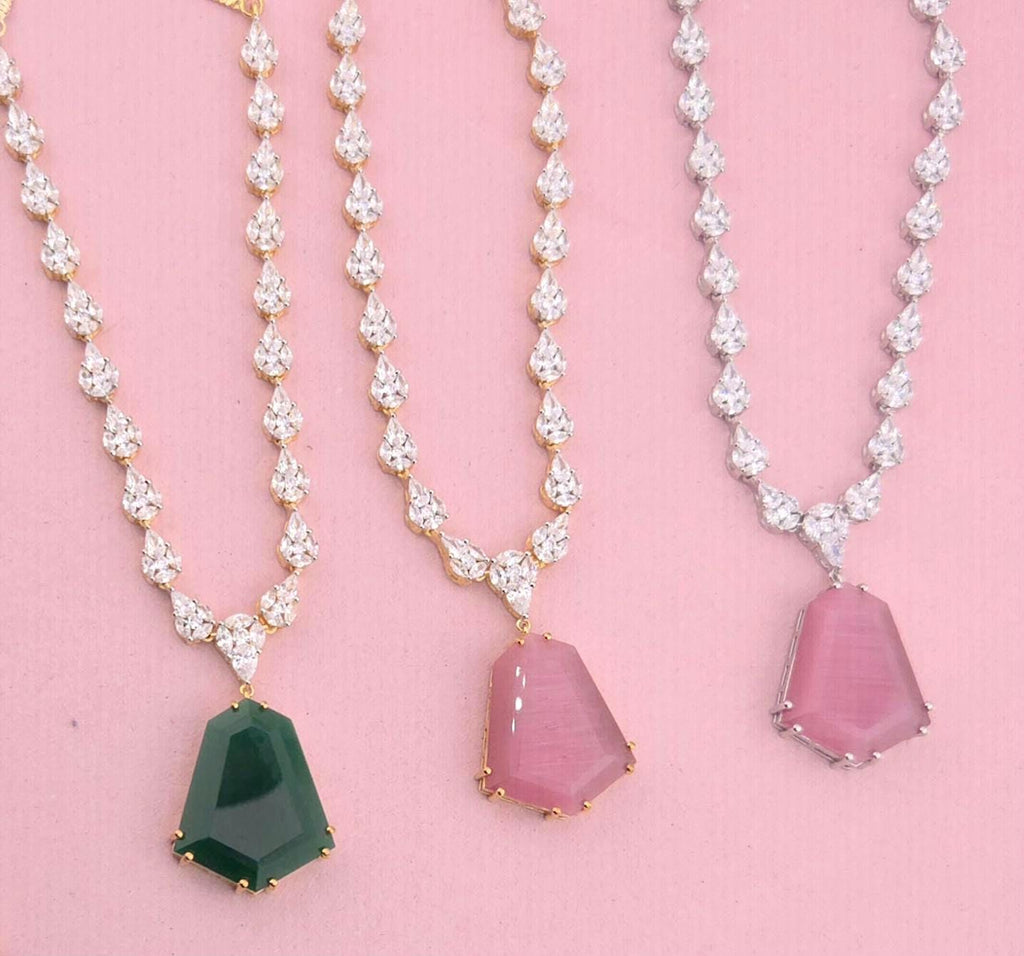 Bridal CZ Necklace Earrings Set, Emerald Green or Blush Pink, Gold/Silver Tone