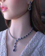 Teardrop CZ Y Necklace & Earring Set | Silver Plated | Silver, Blue & Yellow
