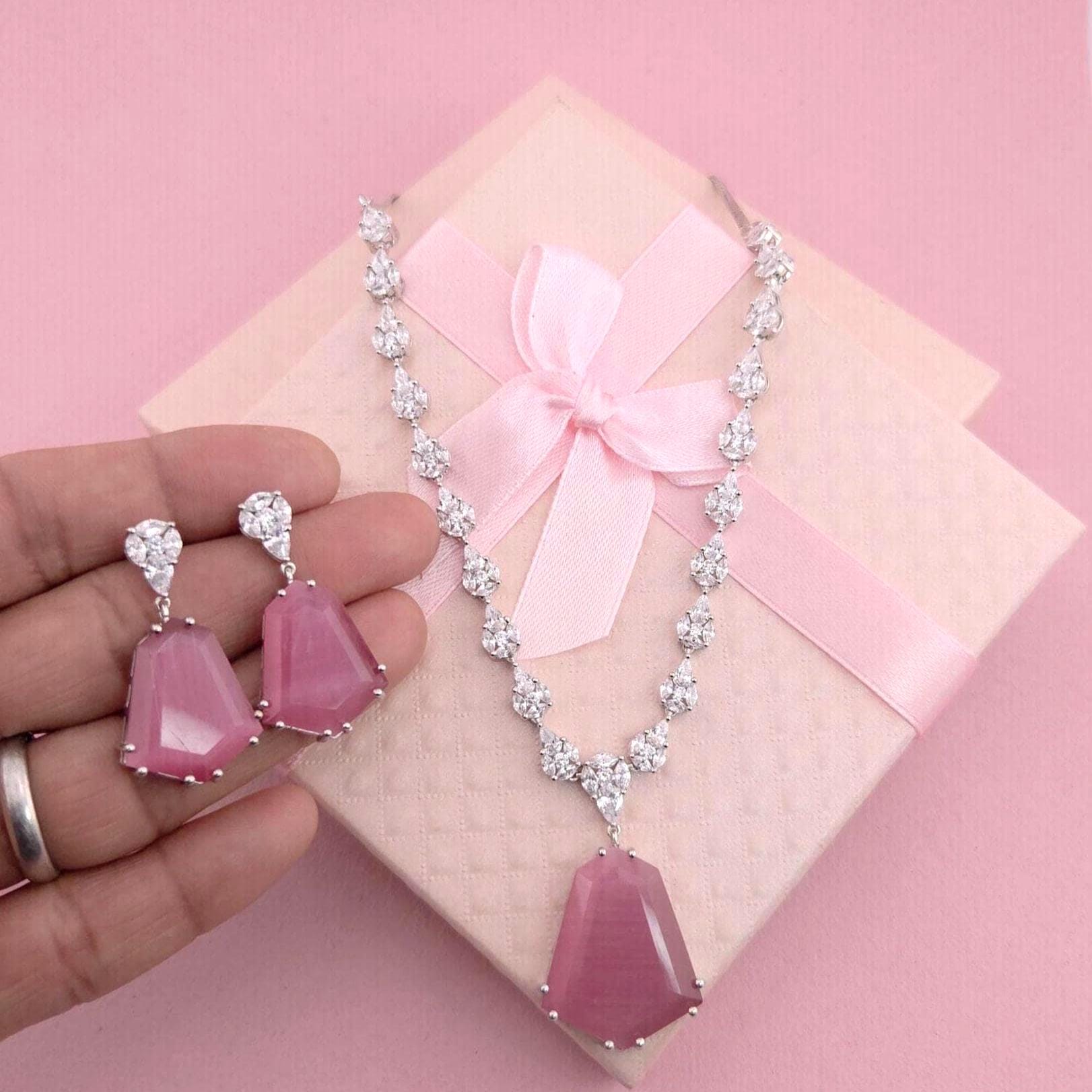 Bridal CZ Necklace Earrings Set, Emerald Green or Blush Pink, Gold/Silver Tone