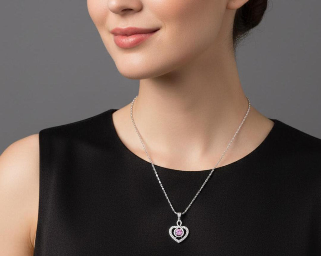 Heart CZ Pendant Necklace & Earrings Set – Pink or Clear, Silver Tone