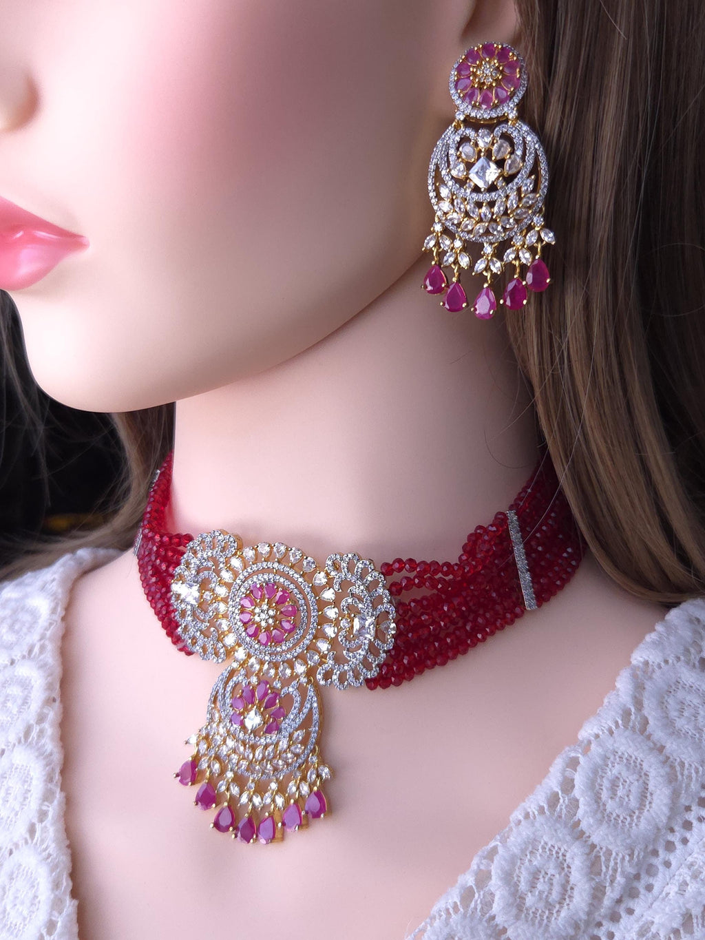 Ruby Pink Beaded Choker Necklace Set, American Diamond CZ Bridal Jewelry