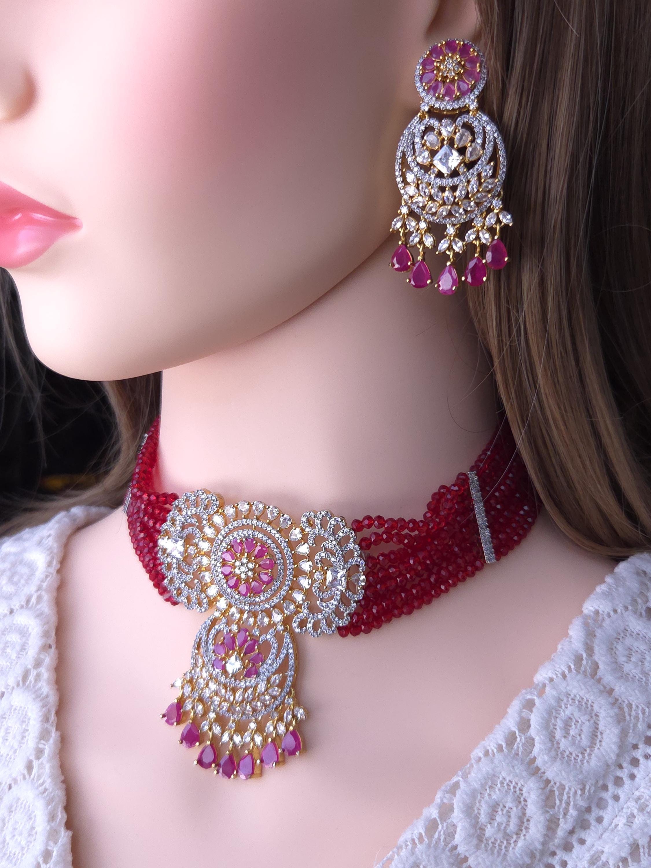 Ruby Pink Beaded Choker Necklace Set, American Diamond CZ Bridal Jewelry