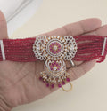 Ruby Pink Beaded Choker Necklace Set, American Diamond CZ Bridal Jewelry