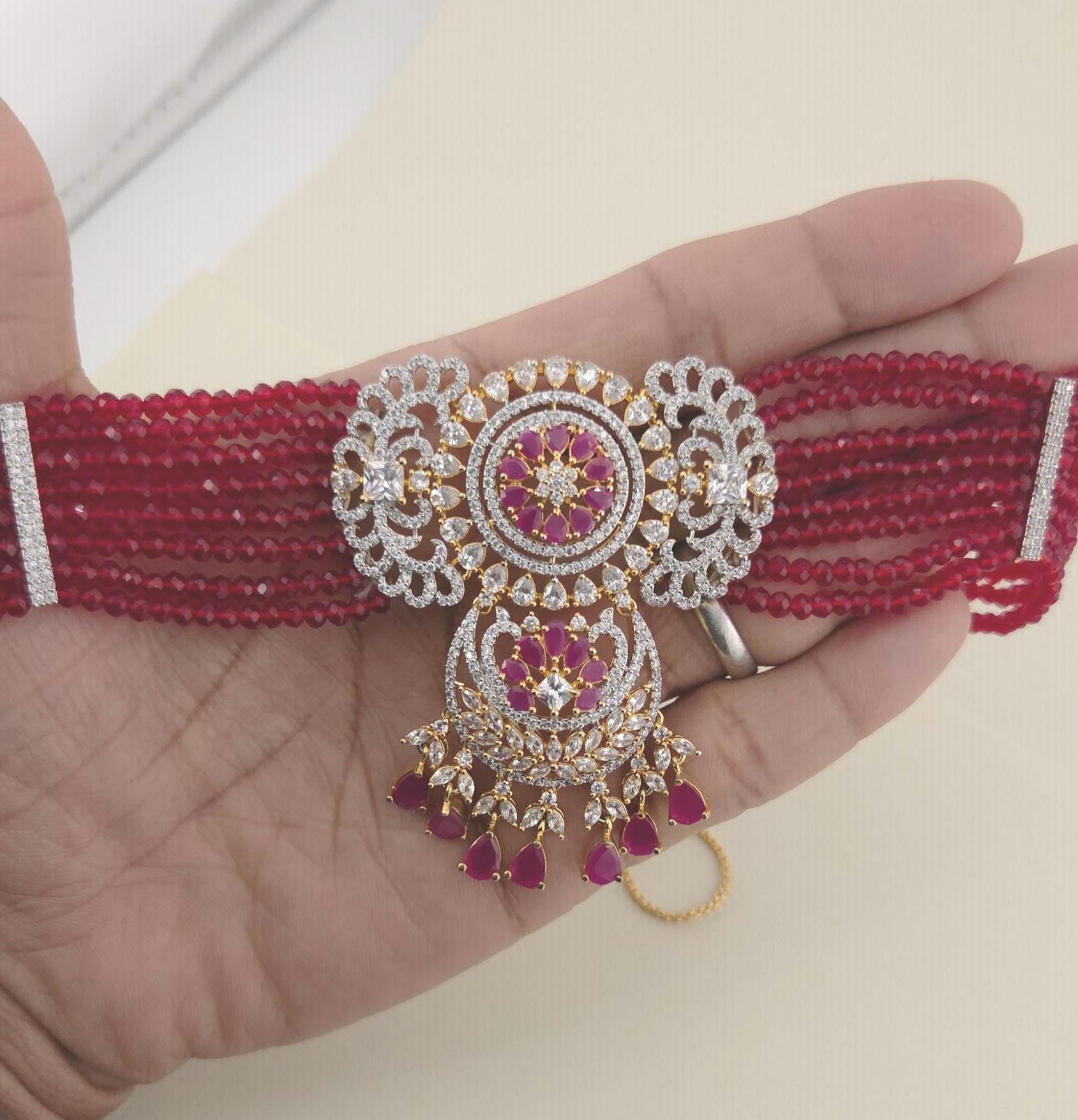 Ruby Pink Beaded Choker Necklace Set, American Diamond CZ Bridal Jewelry