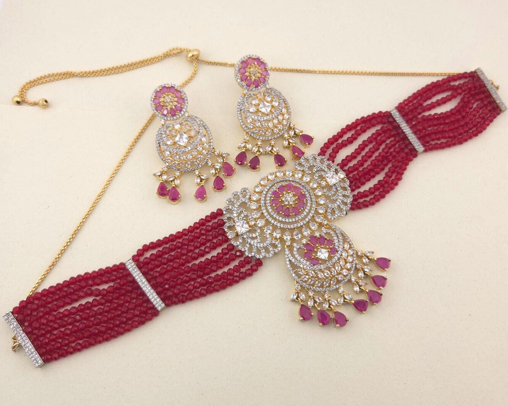 Ruby Pink Beaded Choker Necklace Set, American Diamond CZ Bridal Jewelry
