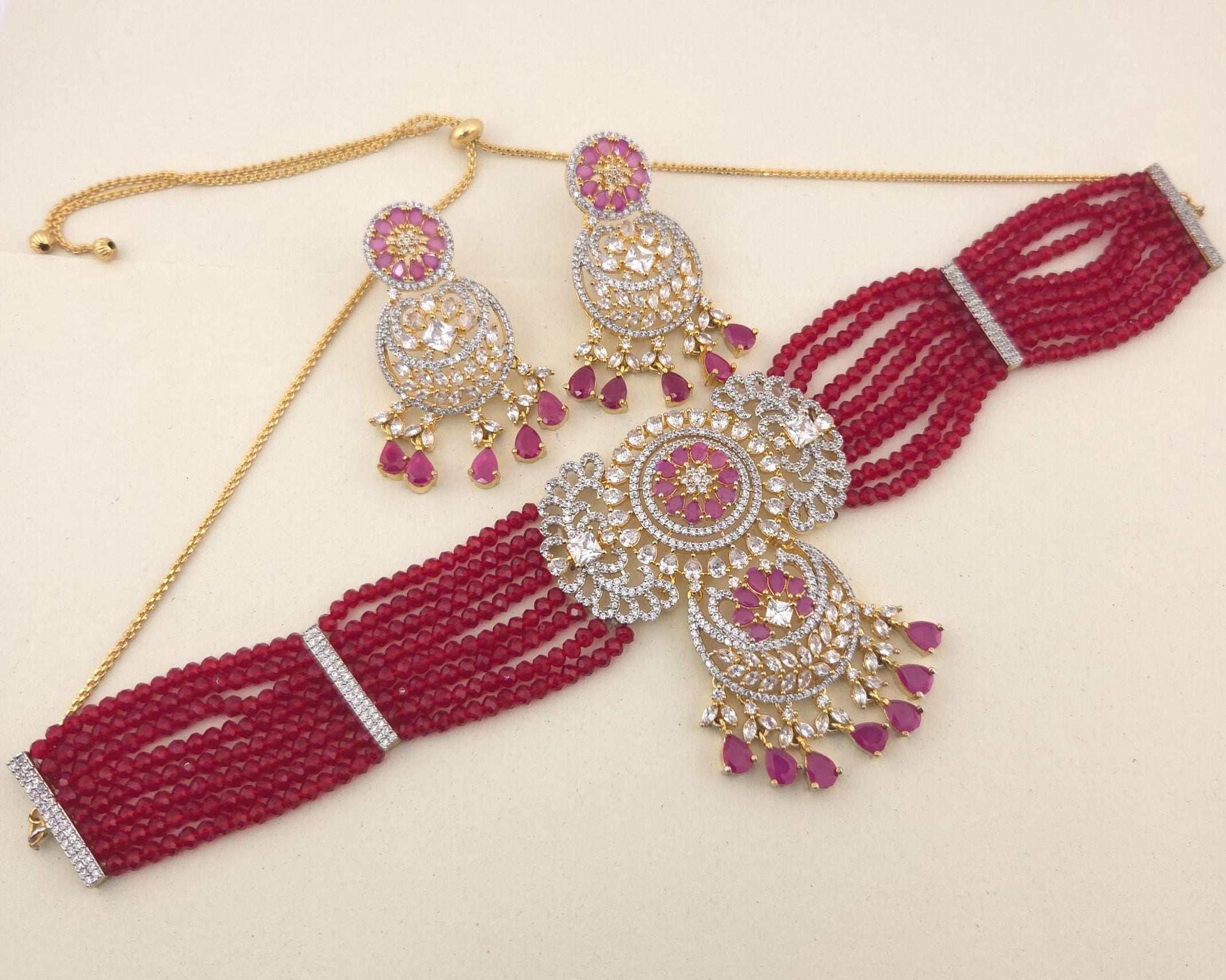 Ruby Pink Beaded Choker Necklace Set, American Diamond CZ Bridal Jewelry