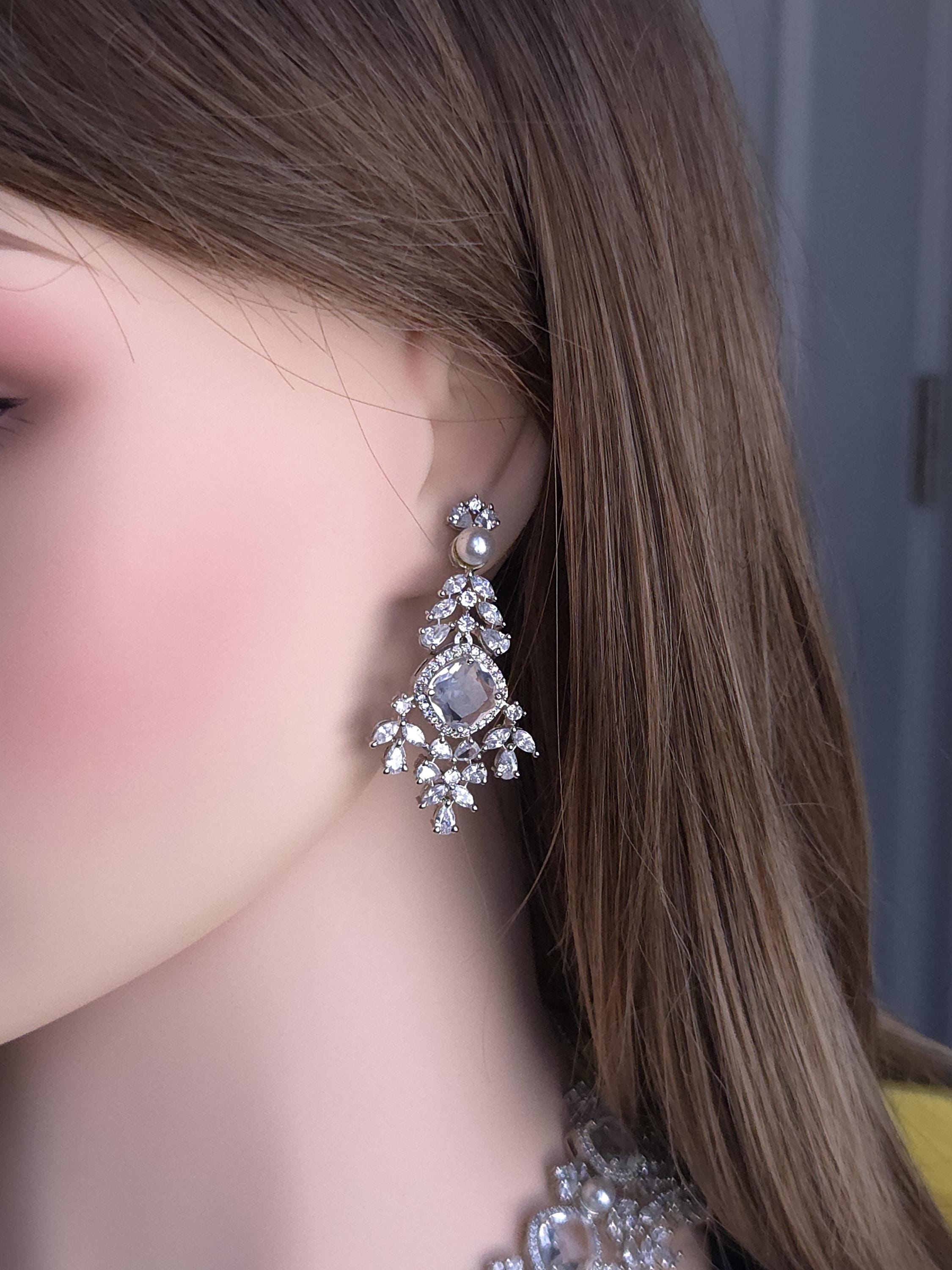 CZ Crystal & Pearl Bridal Necklace & Earrings Set – Silver Tone Wedding Jewelry